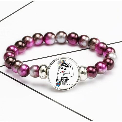 10PC Autism Mom Momma I Love My Son Ribbon Awareness Sunshine Smile Beaded Bracelet 18mm Snap Buttons Women bracelets Jewelry