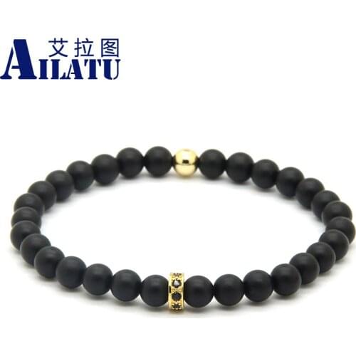 Ailatu Summer Lady European American Fashion Brand 6mm Matte Onyx Stone with Micro Inlay Black Zircons Spacer Cz Bracelets
