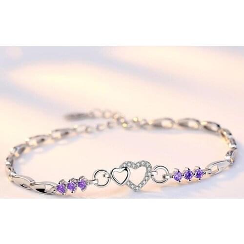 Bracelets For Women 925 Sterling Silver Jewelry Elegant Cute Crystal Purple Zircon Heart Bracelet Lady Valentines Day Gifts