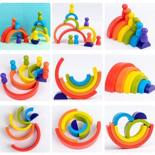 Childrens Wooden Rainbow Building Stacking Educational Blocks Balancing Fun Colorful Rainbow Building Block Folding Toy For Kid