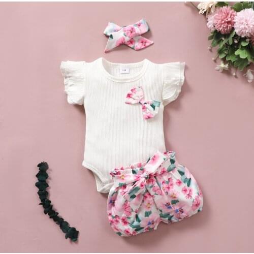 Baby Girl Clothes Set Summer Newborn Kids Boutique Clothing Wholesale Toddler Girl Outfits Fashion Bow Romper + Print Shorts
