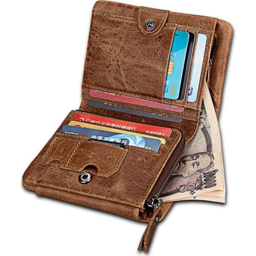 New Women Men Wallets Genuine Leather Short Bifold Purse Top Layer Cowhide RFID Blocking Tri-Folds Card Wallet For Man Ladies