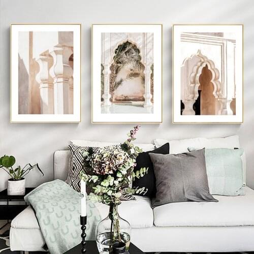 Moroccan Door Stairs Wall Art Mosque Building Canvas Painting Light and Shadow Poster and Print Picture for Living Room Decor