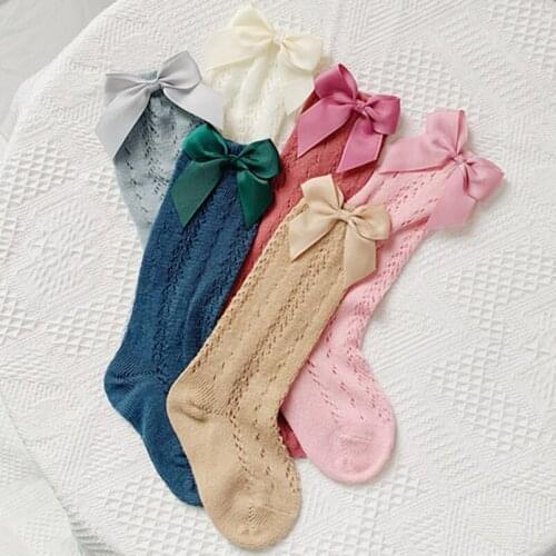 Sweet ribbon bowknot girls socks cotton mesh infant kids knee high long socks for princess girls booties socks children socken