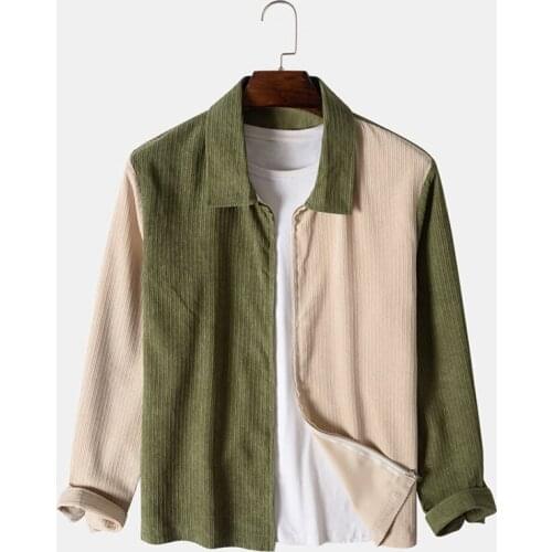 Fashion Mens Colorblock Patchwork Corduroy Lapel Long Sleeve Shirts 2021 Casual Zip Up Jacket