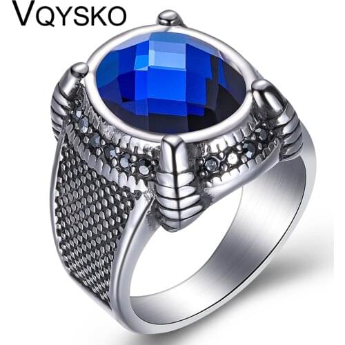 Punk Cool Mens Rings Stainless Steel Statement Ring with Claw Blue Stone Crystal Wedding Band Fashion Jewelry Anel