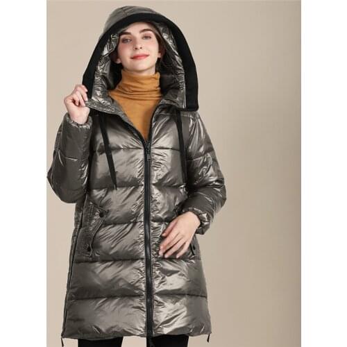 New style ladies mid-length cotton jacket ladies nylon bright fabric hooded winter cotton jacket