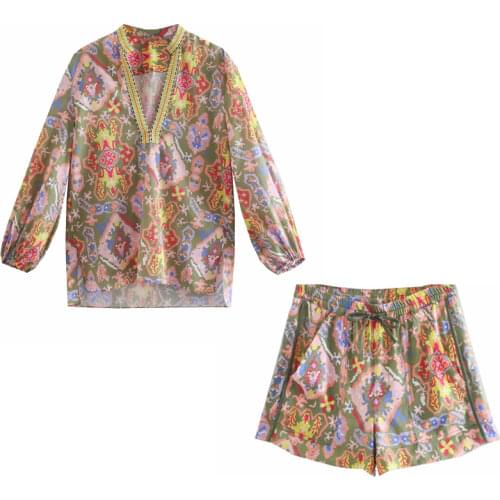 Za New Women Retro Floral Print Simple Style Loose Long Sleeve Shirt And Hight Waist Casual Chic Shorts XITIMEAO