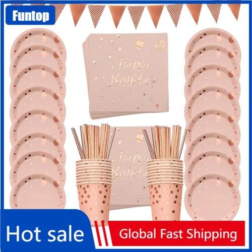 2021 Rose Gold Party Disposable Tableware Plate Straws Girl Birthday Party Decor Adult Celebration Baby Shower Party Supplies