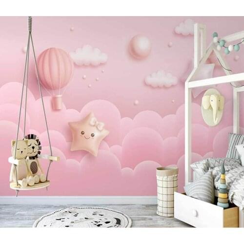 Custom Nordic ins hand-painted pink starry sky cloud hot air balloon bedroom, living room, study, childrens room decoration bac