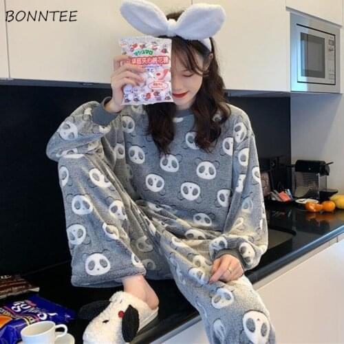 Pajama Sets Women Kawaii Cartoon Long Sleeve O-Neck Lovely Warm Loose Casual Lounge Coral Fleece Thicken Korean Style Students