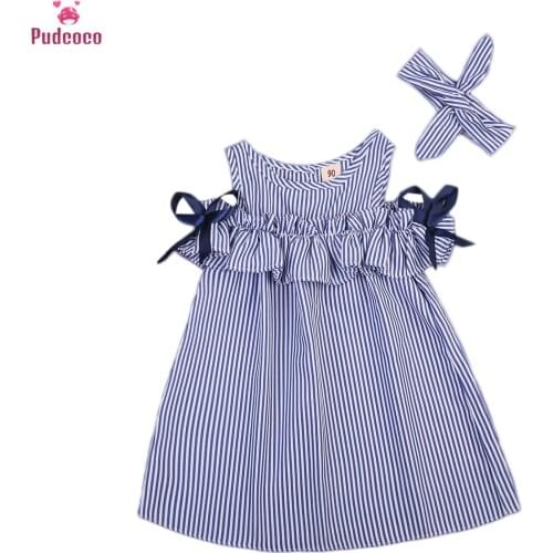 Pudcoco Toddler Kids Baby Girls Dresses Ruffles Striped Off-shoulder Gown Formal Dress Tutu Dress Stripe Dresses For Party