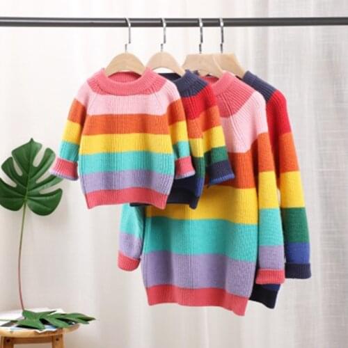 Mother Daughter Rainbow Sweaters Autumn Winter Long Sleeve Loose Sweaters Casual Striped Pullovers Family Matching Clothes