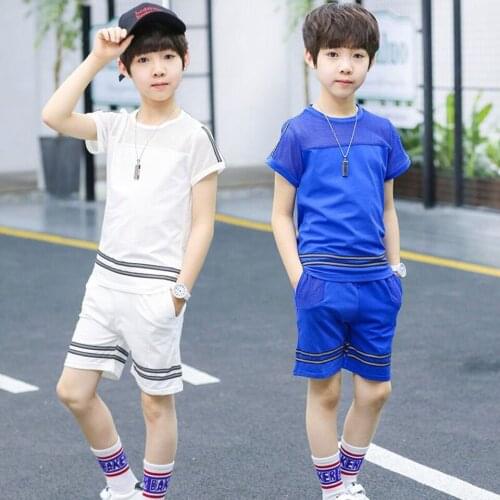 Blue/White Color Summer Toddler Kids Boys O-neck Collar T-shirt Tops+Shorts 2 Pieces Sport Casual Outfits For 4 5 6 7 8 9 10 Yrs