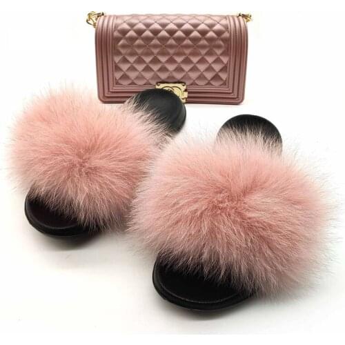New Real Fox Fur Slides Womens Fashion Solid Jelly Color Purses Foxes Hair Furry Sandals Shoulder Bags Set Casual Slippers