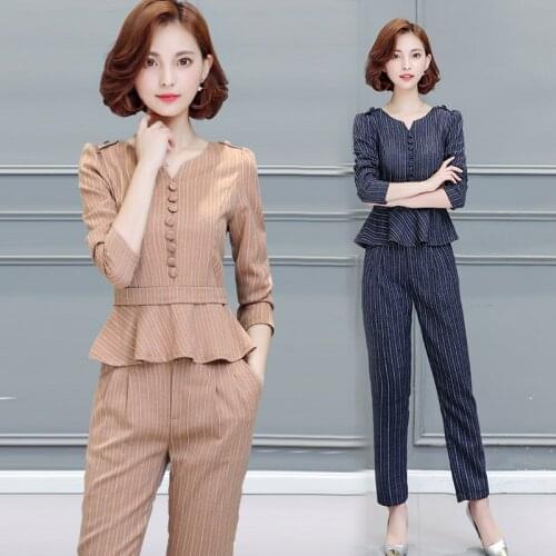 Spring and Autumn Fashion Set Womens Long Sleeve New Professional OL Pencil Pants Vertical Stripe Two-piece New Products