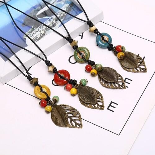 Fashion Women Ceramics Beads Pendant Ethnic Necklace Chain Charm Jewelry Gift 4 Colors