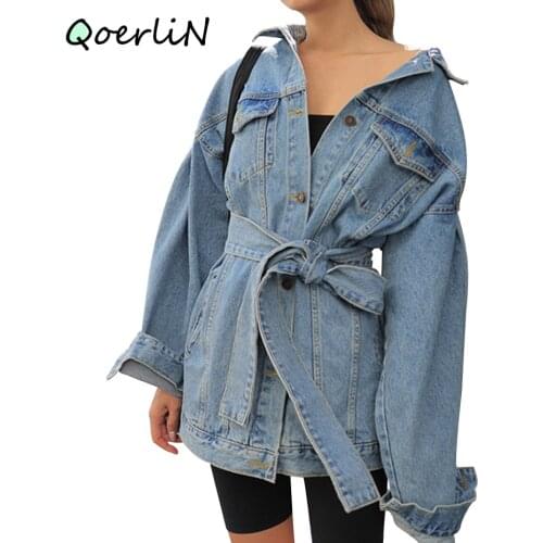 QoerliN Fashion Single-breast Oversized Jeans Jacket Coat Women Autumn&Winter Denim Jacket Belt Lapel Loose Bandage Outwear 2020