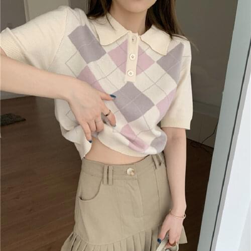 Retro Y2K Argyle Knitted Pullovers Women Summer 2021 Fashion Preppy Style Polo Neck Loose Single Breasted Short Sleeve Crop Top