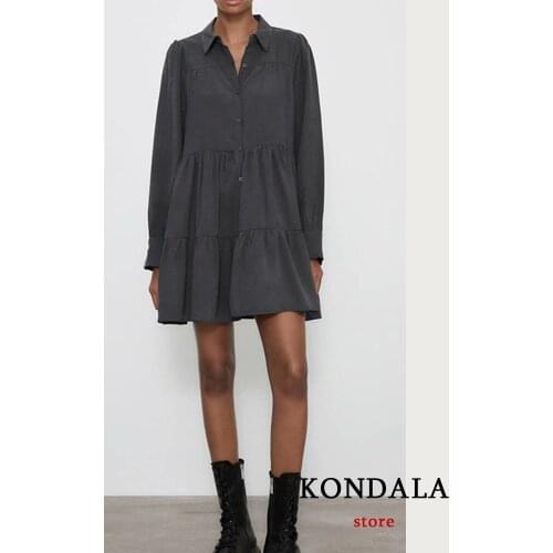 KONDALA Women Dress Za 2021 Streetwear Button Ruffle Loose Shirt Dress Long Sleeve Autumn Oversized England Style Vestidos Mujer