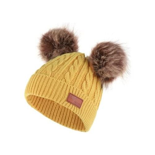Winter Baby Knit Hat With Two Fur Pompoms Boy Girls Ball Pom Beanie Kids Caps Double Fur Pom Pom Hat and Scarf stuffset for Chi