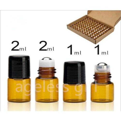 100PCS 1ML 2ML Mini Portable Glass Roller Essential Oil Bottles Travel Refillable Bottle Transparent Brown small sample bottles