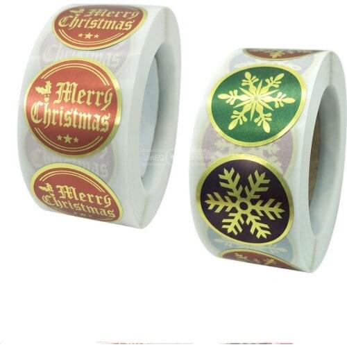 Gold Merry Christmas Stickers Round Red Snowflake 1'' 500 Labels Sticker for Thank you cards, business box packaging Stationery