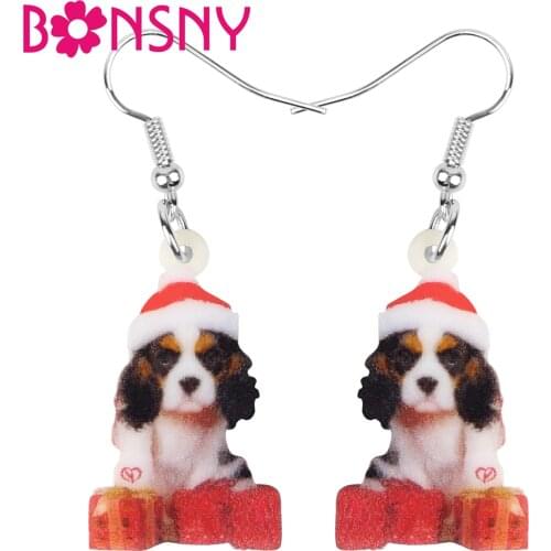 Bonsny Acrylic Christmas Hat Dog Gift Box Earrings Drop Dangle Animal Decorations Jewelry For Women Girls Teens Charm Party Gift