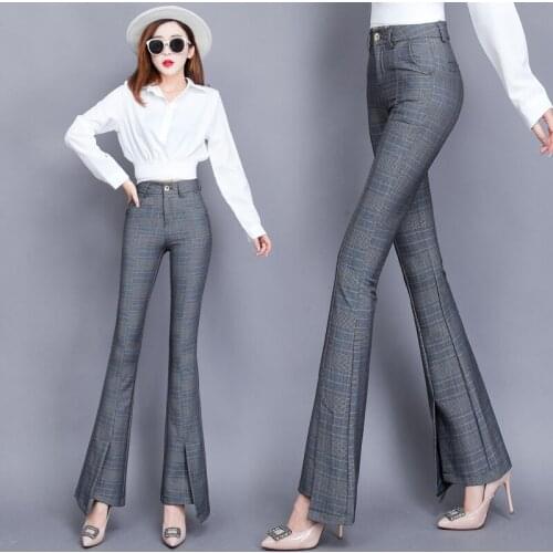 Vintage Womens Office Slim Women Pants Trousers High Waist Plaid Wide Leg pants OL Office Career Capris Work Wear flared pants