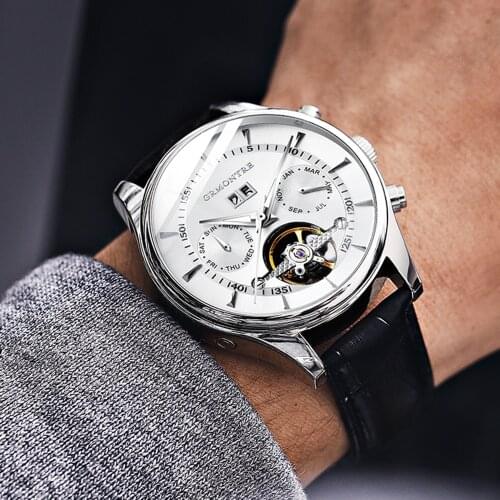 Brand Men Watches Automatic Mechanical Watch Tourbillon Sport Clock Leather Casual Business Retro Wristwatch Relojes Hombre