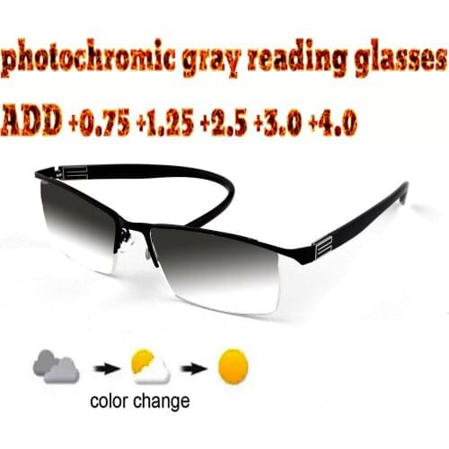 Business Mens Halfrim Photochromic Gray Reading Glasses Comfortable Alloy High Quality +1.0 +1.5 +1.75 +2.0 +2.5 +3 +3.5 +4