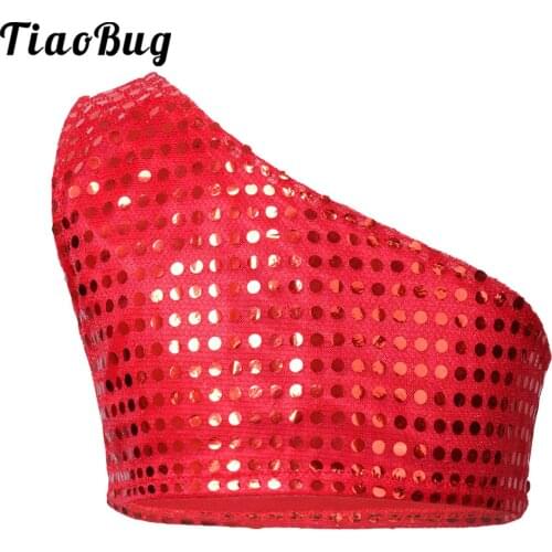 Kids Girls Shiny Crop Top Sports Jazz Gymnastics Ballet Tops One Shoulder Glitter Sequin Dance Stage Performance Costume