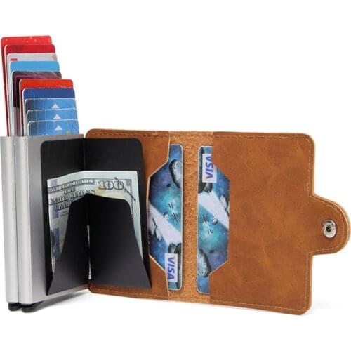 Crazy Horse double Aluminum Leather Credit Card Holder RFID Wallet Automatic pop up Anti-theft Purse Business ID Cardholder