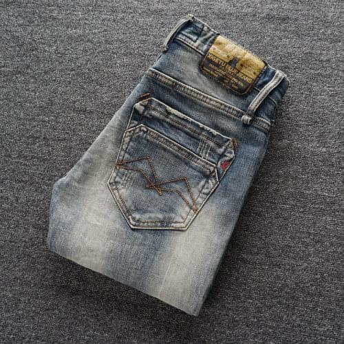 European Vintage Fashion Men Jeans High Quality Elastic Slim Fit Casual Cotton Jeans Men Distressed Retro Designer Denim Pants