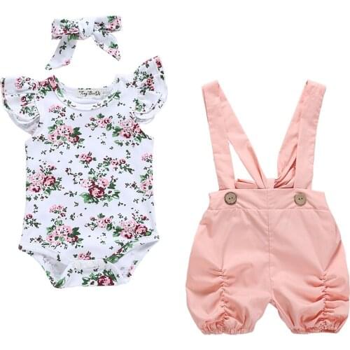 0-24M Newborn Baby Girls Floral Romper Tops Bib Pants Overalls Headband Outfit Set
