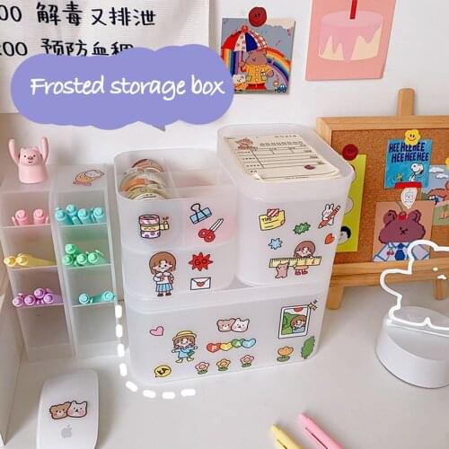 Cute Frosted Transparent Storage Box Ins Desktop Student Dormitory Rack Finishing Box Girls Cosmetic Organizer School Stationery