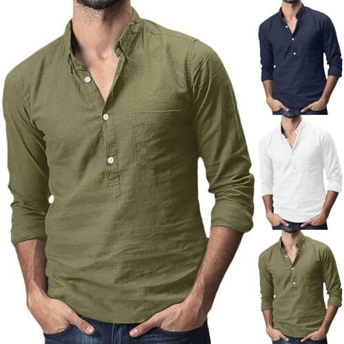 2021 New Summer Men Shirt Baggy Cotton Linen Solid Long Sleeve V-neck Retro Top Blouse Streetwear Camisas Hombre #3
