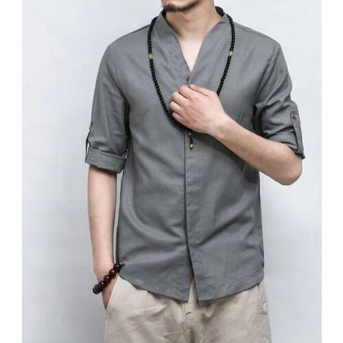 Chinese Style Summer 2018 New Mens Grey White Navy 3/4 Sleeve Linen Blouse Shirt , Casual Slim Cardigan Blouses Shirts For Men