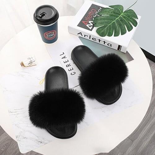 Fur Slippers Jurchen Fox Fur Fluffy Ladies Flip Flops Fashion Summer Home Outdoor Non-Slip Flat Sandals