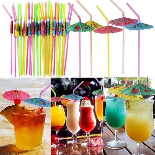 Color Mixing Party Disposable Straws Tropical Umbrella Drink Cocktail Straws for Luau Birthday Wedding Hawaii Party Decorations
