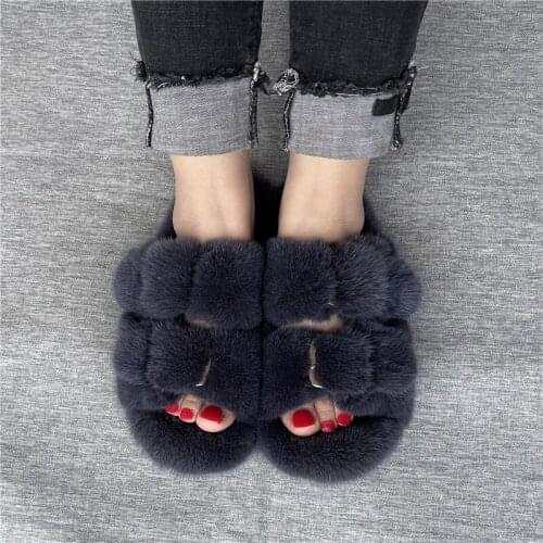 2021 Stylish Luxurious Mink Fur Slippers Ladies Comfortable Fluffy House Slippers Open-Toed Sandals Soft Slippers Floor Shoes