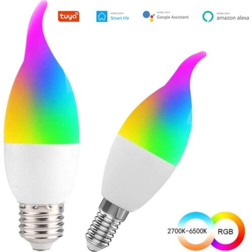 Tuya Smart Wifi LED Light Bulb E14 RGB CW Dimmable LED Lamp Magic Bulb Voice Control 5W Candle Work With Alexa Google Home