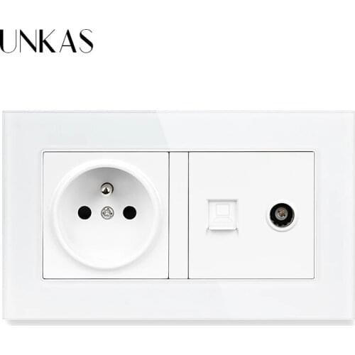 UNKAS Tempered Crystal Glass Panel French Standard Socket + RJ45 Internet Computer Jack TV Television Port 146MM*86MM Outlet