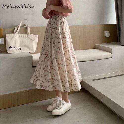 Vintage Floral Print Pleated Skirts Women Summer Korean A-line Skirt 2021 Elegant Drawstring High Waist Midi Skirt