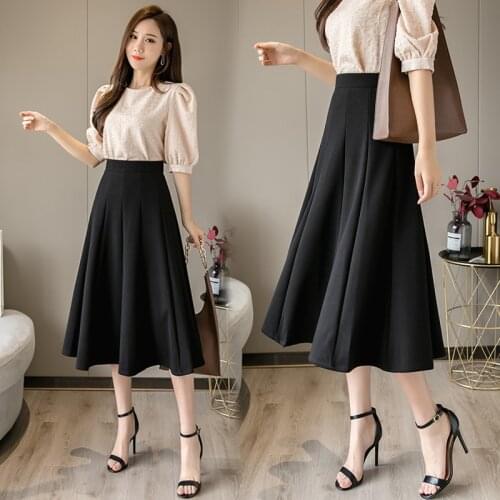 2021 Spring& Autumn New Simple Pure Color Pleated Skirt High Waist Slim Casual Temperament Women A-line Long Skirt Free Shipping