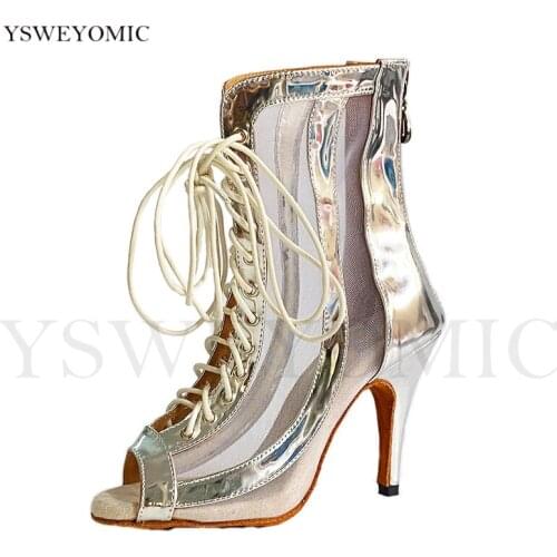 New Style High Top Dance Boots Black Leather Women High Heel Salsa Ballroom Dance Shoes Girls Latin Salsa Dancing Shoes Lace Up