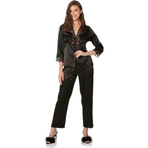 Womens Satin Lace Black Pajamas Set Casual Spring Summer New Nightwear Intimate Lingerie Homewear Womens Black Pajamas set