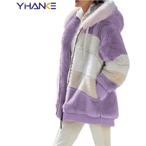 Blouson Hiver Pour Femme 2021 New Autumn and Winter Warm Womens Plush Patchwork Zippered Pocket Hooded Loose Female Coat