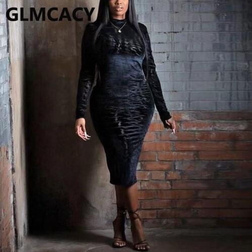 Women Long Sleeve Velvet Slim Bodycon Elegant Midi Dress