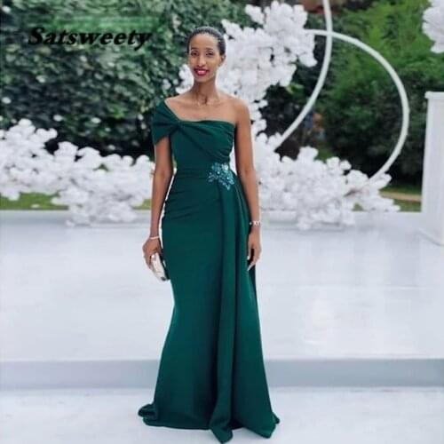 Dark Green Mermaid Bridesmaid Dresses One Shoulder 2021 Flower Vestidos Bowknot Streamer Long Wedding Party Dress For Women Chic
